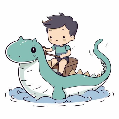 Cute boy riding a dragon boat on white background.