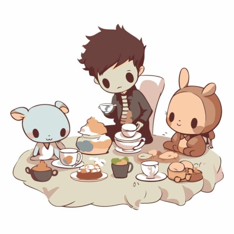 Cute boy having a tea party with his friends.