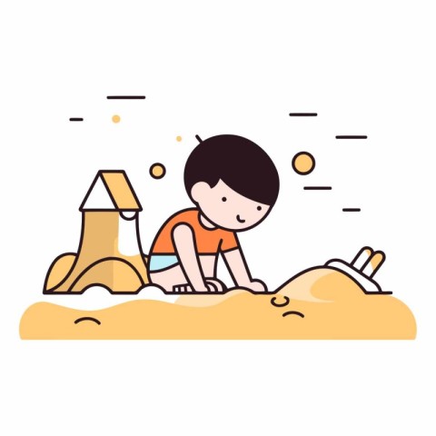 Boy playing with sand on the beach. Flat style vector illustrati