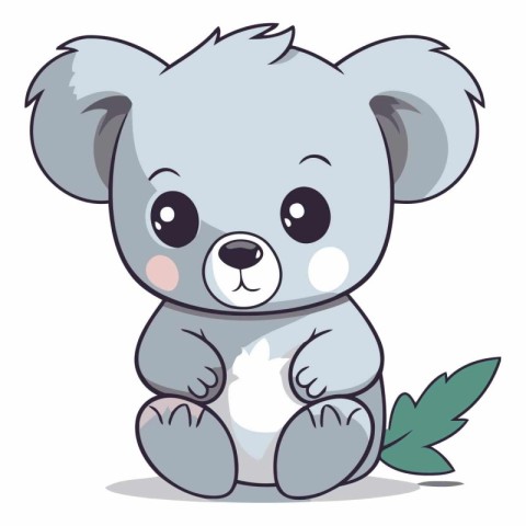 Cute koala with leaf on white background.