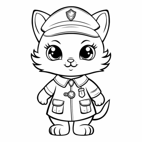 Black and White Cartoon Illustration of Cute Cat Police Officer