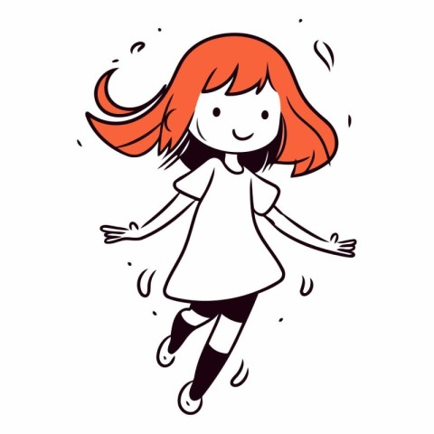 Cute cartoon girl with long red hair jumping.