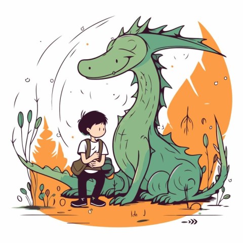 Boy with backpack and dinosaur in the park on white background.