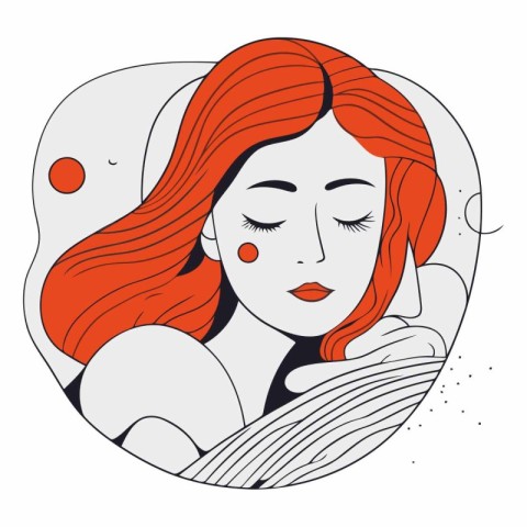 Vector illustration of a girl with red hair sleeping in the bed.