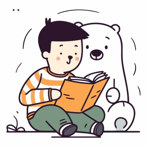 Vector illustration of a boy reading a book with a polar bear.