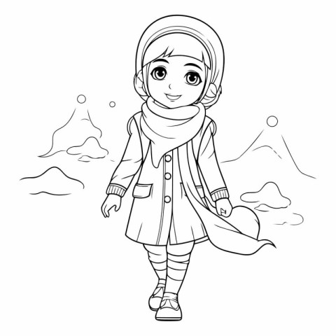 Coloring book for children: girl in winter clothes with a scarf