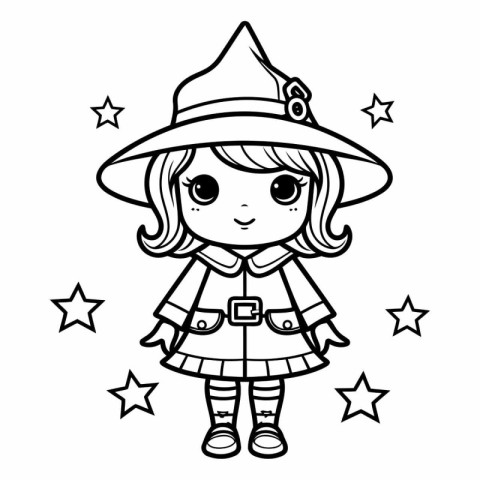 Coloring book for children: Halloween. Cute cartoon witch girl