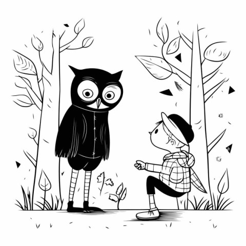 Owl and boy in the forest. Black and white vector illustration.