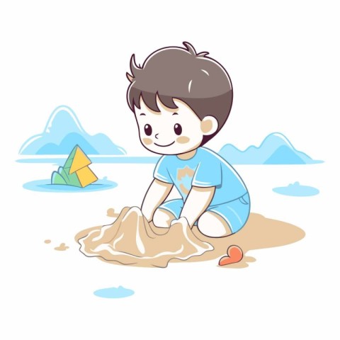 Cute boy playing with sand on the beach.