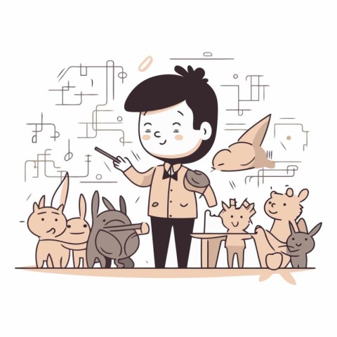 Vector illustration of a teacher with a group of animals. Cartoo