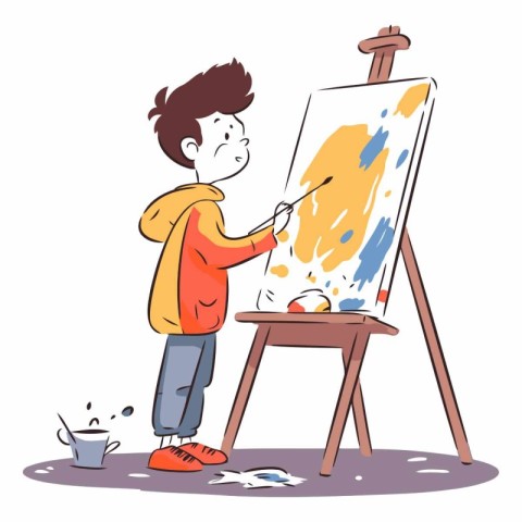 Boy painting a picture on easel. Hand drawn vector illustration.