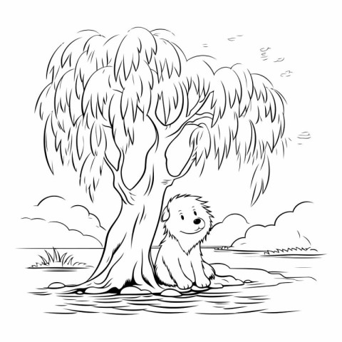 Lion sitting on a tree in the lake.