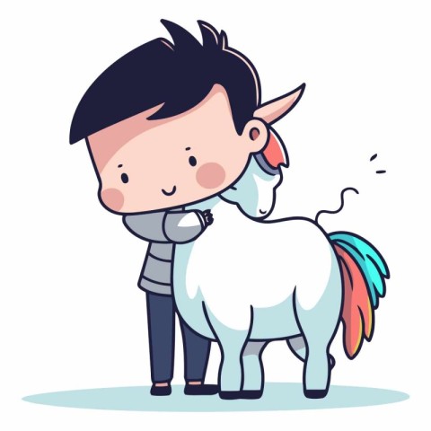 Cute little boy and unicorn in cartoon style.