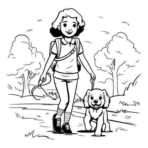 Woman walking with her dog in the park. Black and white vector i