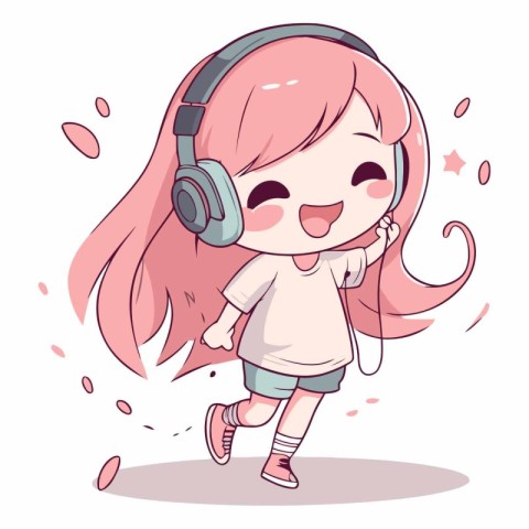 Cute little girl listening to music with headphones.