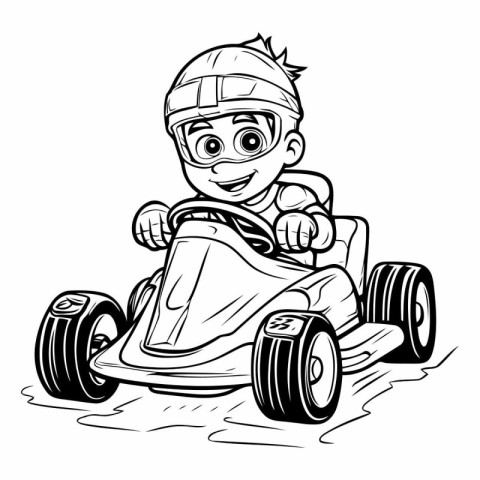 cartoon boy driving a race car. black and white vector illustrat