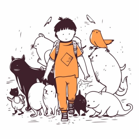 Vector illustration of a boy with a backpack and a group of pets