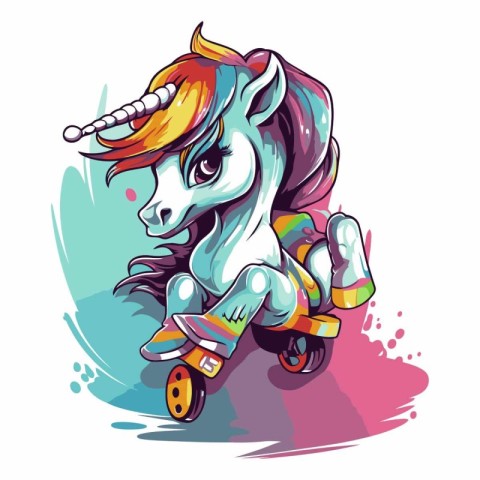 Unicorn rides on roller skates. Vector cartoon illustration.