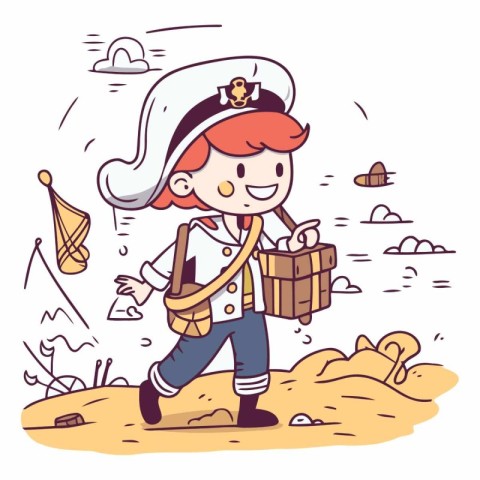 Cartoon pirate boy standing on the beach and holding a treasure