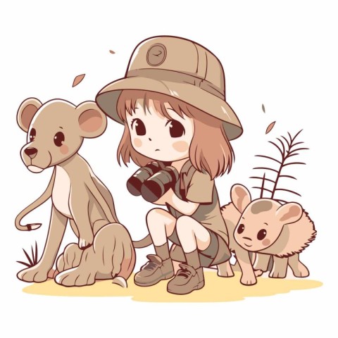 Illustration of a little girl in safari outfit with her baby ani