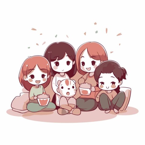 Illustration of a happy family sitting on the floor and eating p