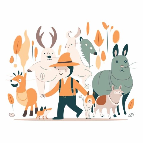 Cute hand drawn vector illustration of animals in the forest. Ca