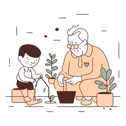 Grandmother and grandson planting seedlings in linear style