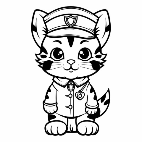 Black and White Cartoon Illustration of Cute Cat Captain Charact