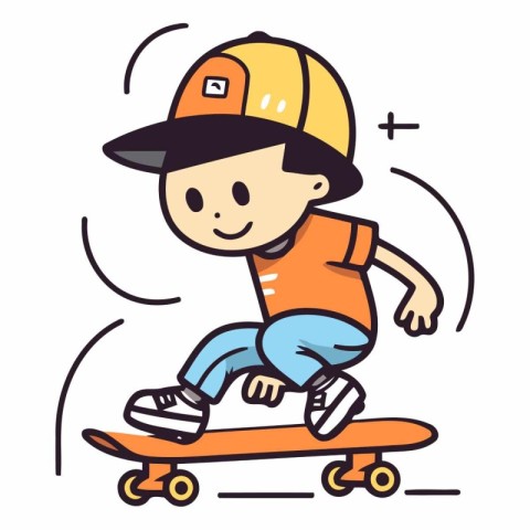 Skateboarder boy in helmet and orange t-shirt riding on skateboa