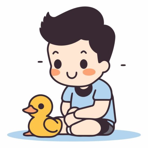 Cute boy playing with duck in cartoon style.