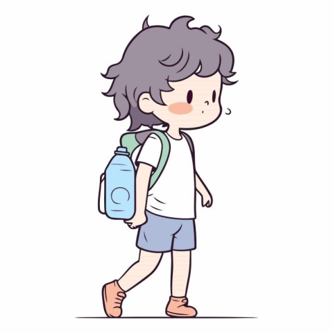 Cute schoolboy with backpack and water bottle.