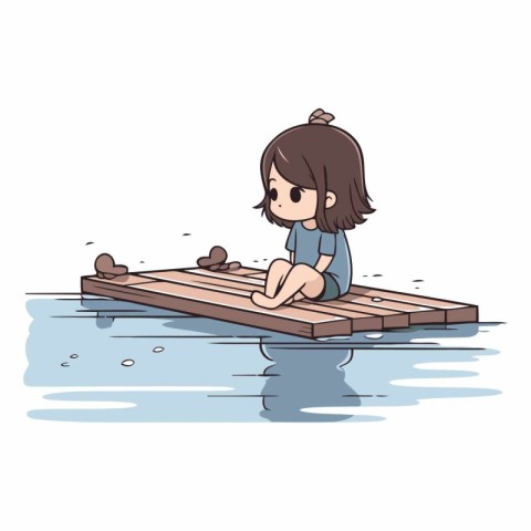 girl on a wooden raft in the water of a cartoon.