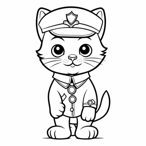 Black and White Cartoon Illustration of Cute Cat Police Officer