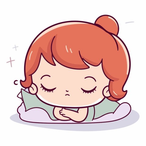 Cute little girl sleeping on the pillow in cartoon style.