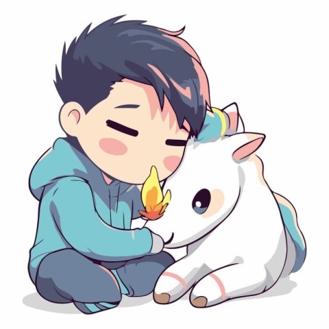 Illustration of a Little Boy Hugging a Cute White Unicorn