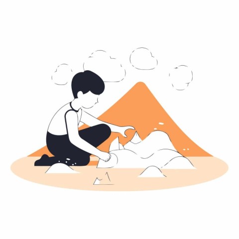 Vector illustration of a boy playing sand on a white background.