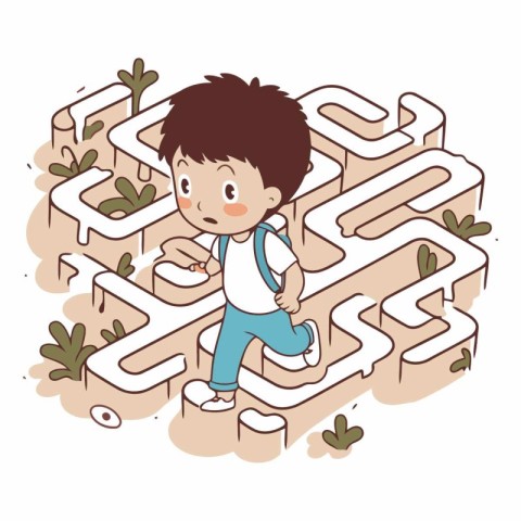 Illustration of a Little Boy Running Through a Maze on a White B