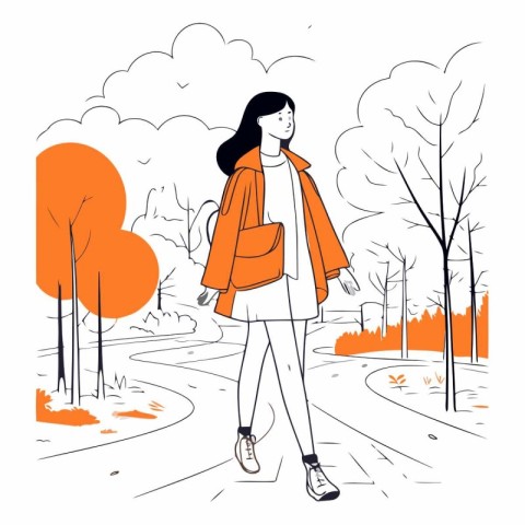 Beautiful woman walking in the park in sketch style