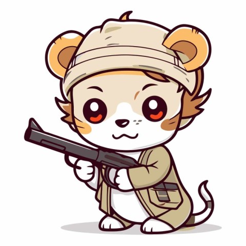 Cute cartoon lion in safari outfit with gun.