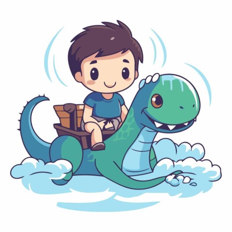 Cute boy riding a dinosaur in cartoon style.