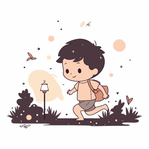 Cute little boy running in the park. Vector cartoon illustration