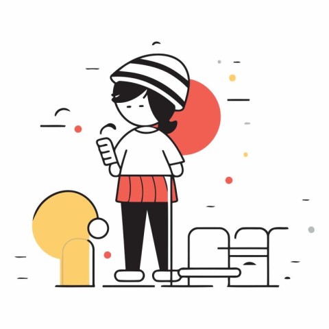 Vector illustration of a girl in a winter hat with a phone in he