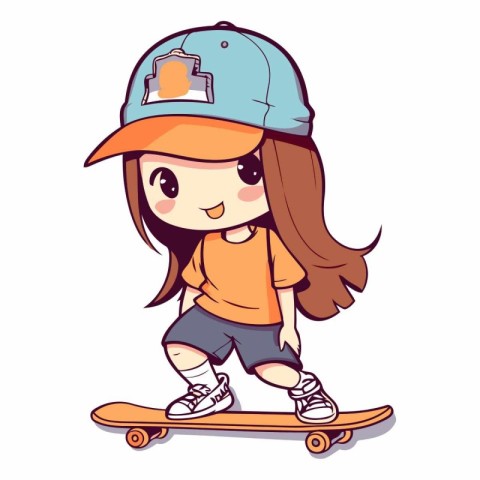 Cute little girl riding a skateboard. Cartoon vector illustratio