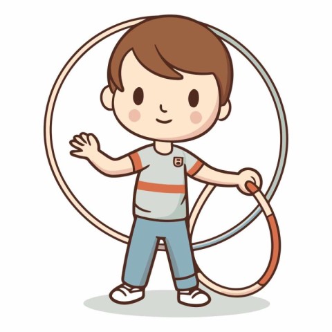 Boy with hula hoop isolated on white background.