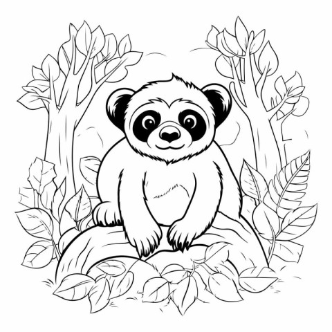 Black and white vector illustration of a panda sitting on a rock