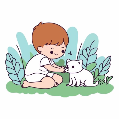 cute little boy playing with dog in the grass vector illustratio