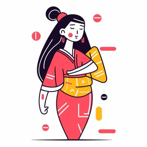 Vector illustration of Japanese woman in kimono. Isolated flat l