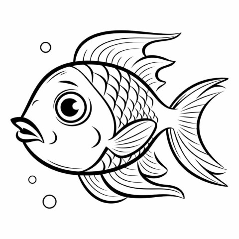 Black and White Cartoon Illustration of Cute Fish Character for