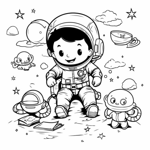 Cartoon astronaut on the moon for coloring book.