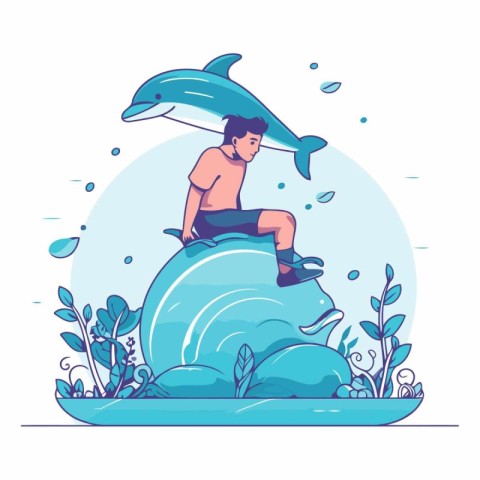 Vector illustration of a man swimming with dolphin in the sea. F